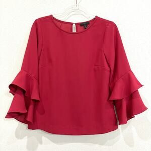 J. Crew Crimson Red Lana Tiered Ruffle 3/4 Sleeve Crew Neck Blouse - Size 4